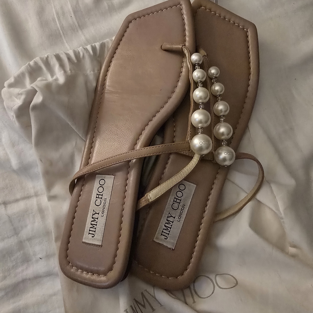 Jimmy Choo Beige Pearl-Embellished Sandals